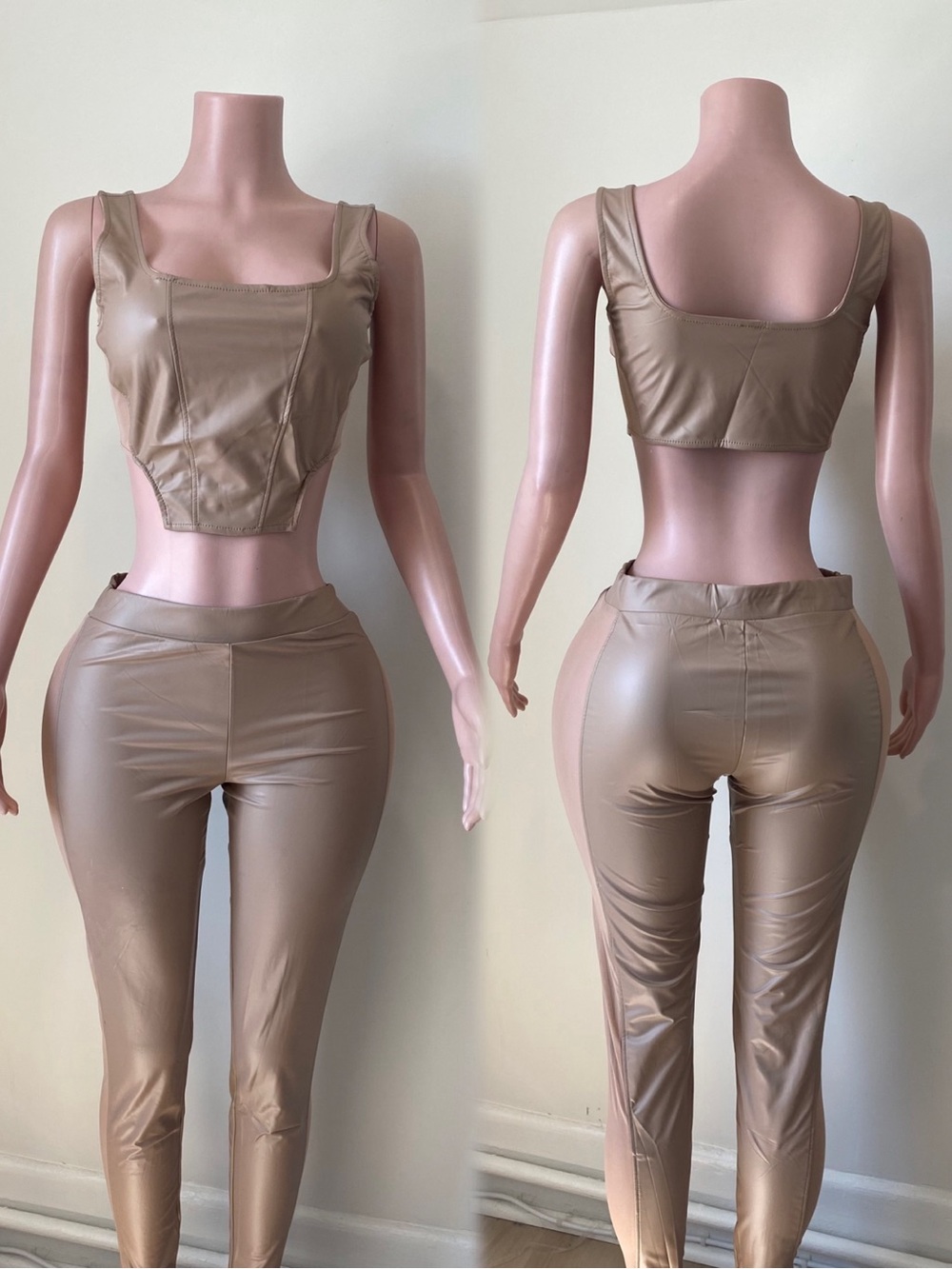 Faux Leather Mesh High-Waist Skinny Pants & Crop Top Set
